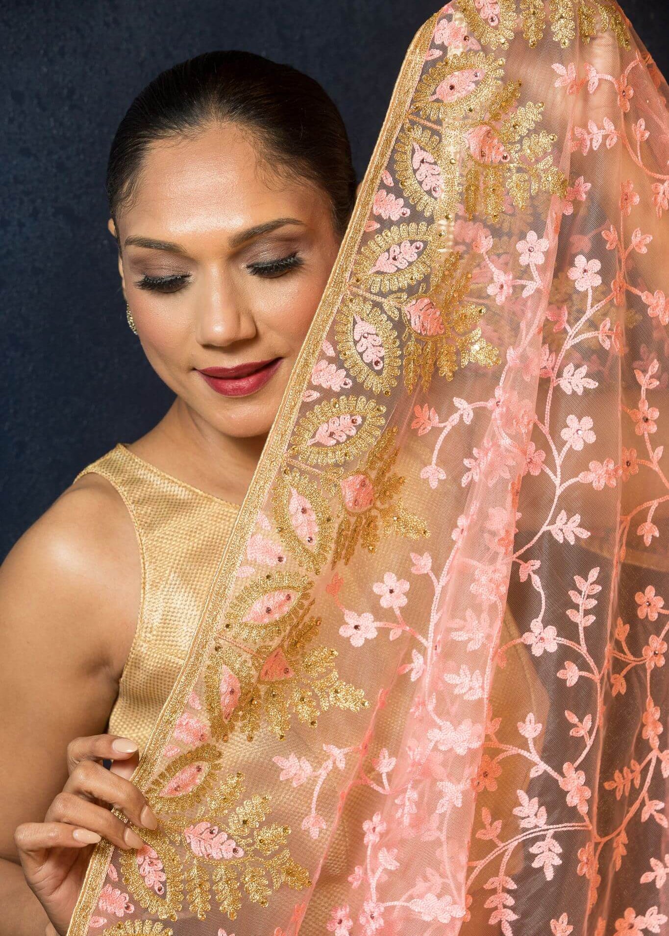 Pink Sequin Embroidered Net Saree with Floral Designs - Anvi Couture