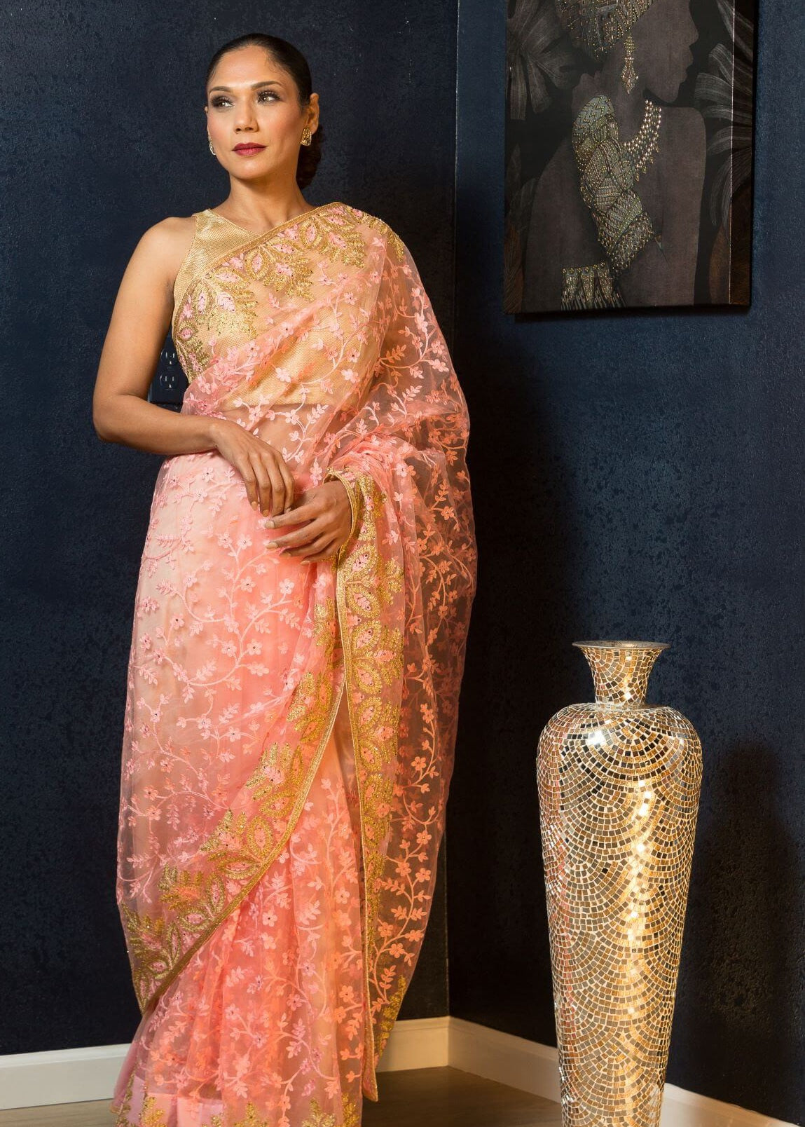 Pink Sequin Net Saree with Floral Designs- Anvi Couture
