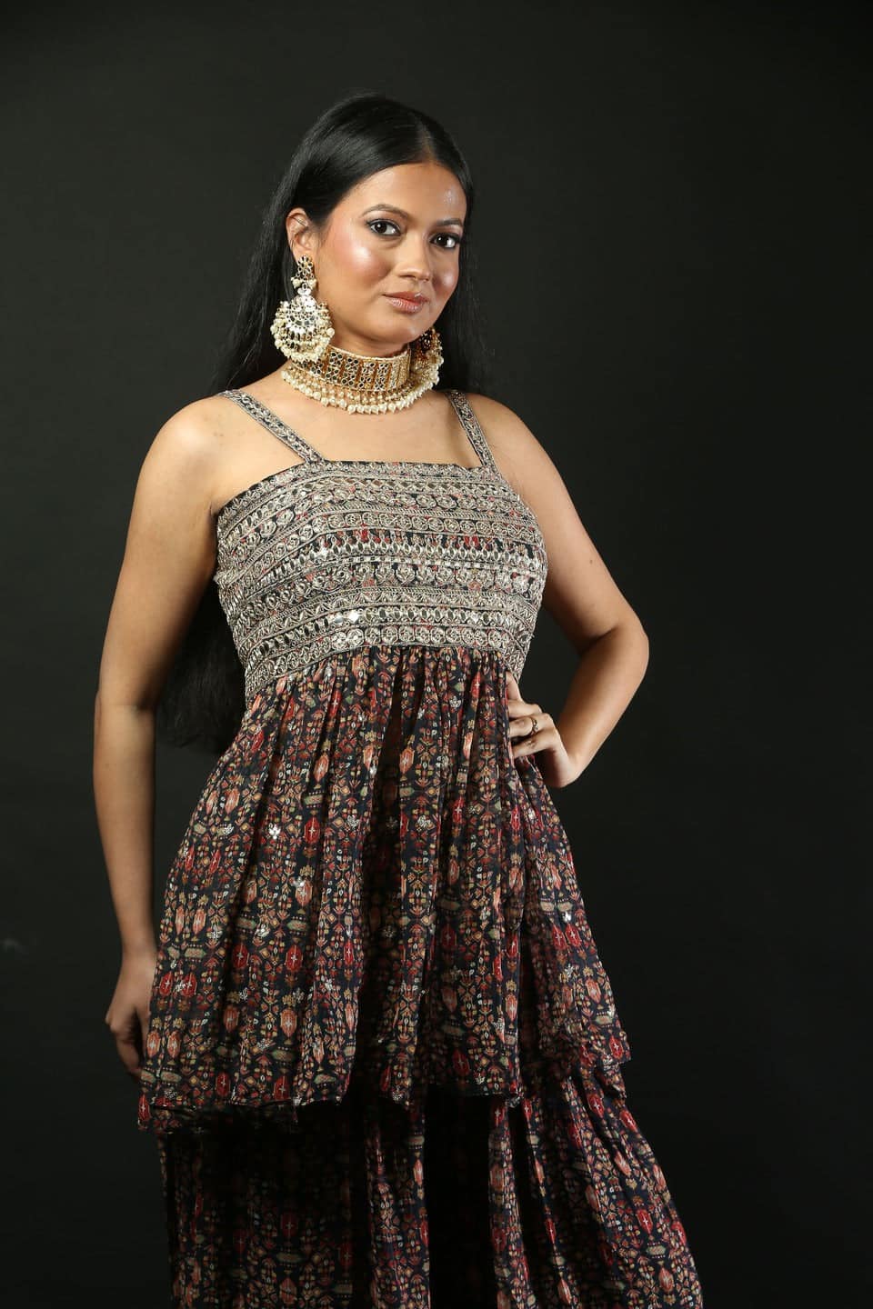 Printed Georgette Sharara Set with Peplum Top - Anvi Couture