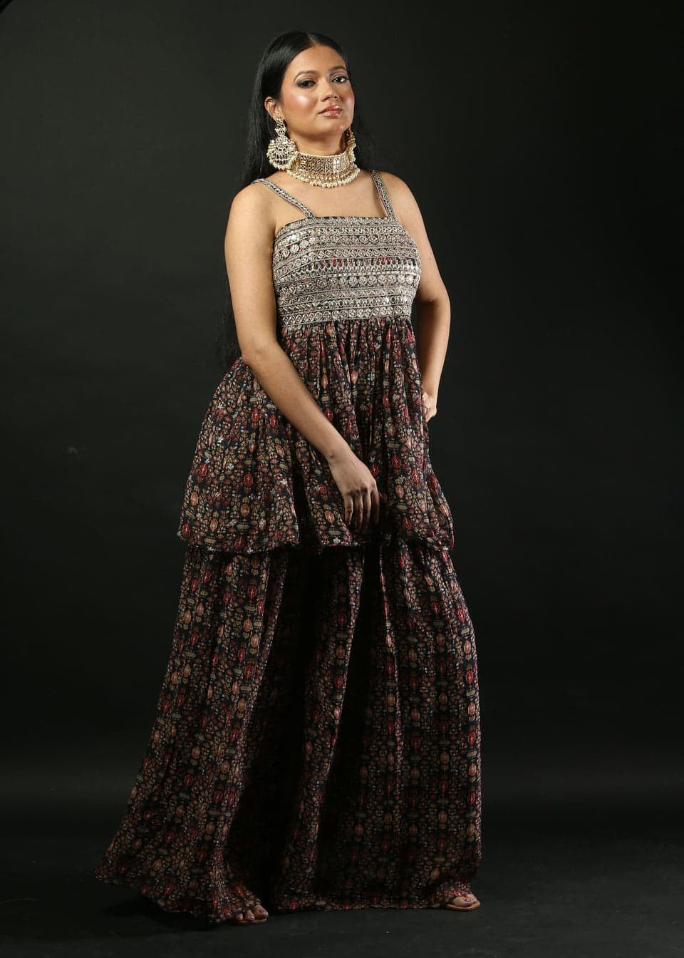 Printed Georgette Sharara Set with Peplum Top - Anvi Couture