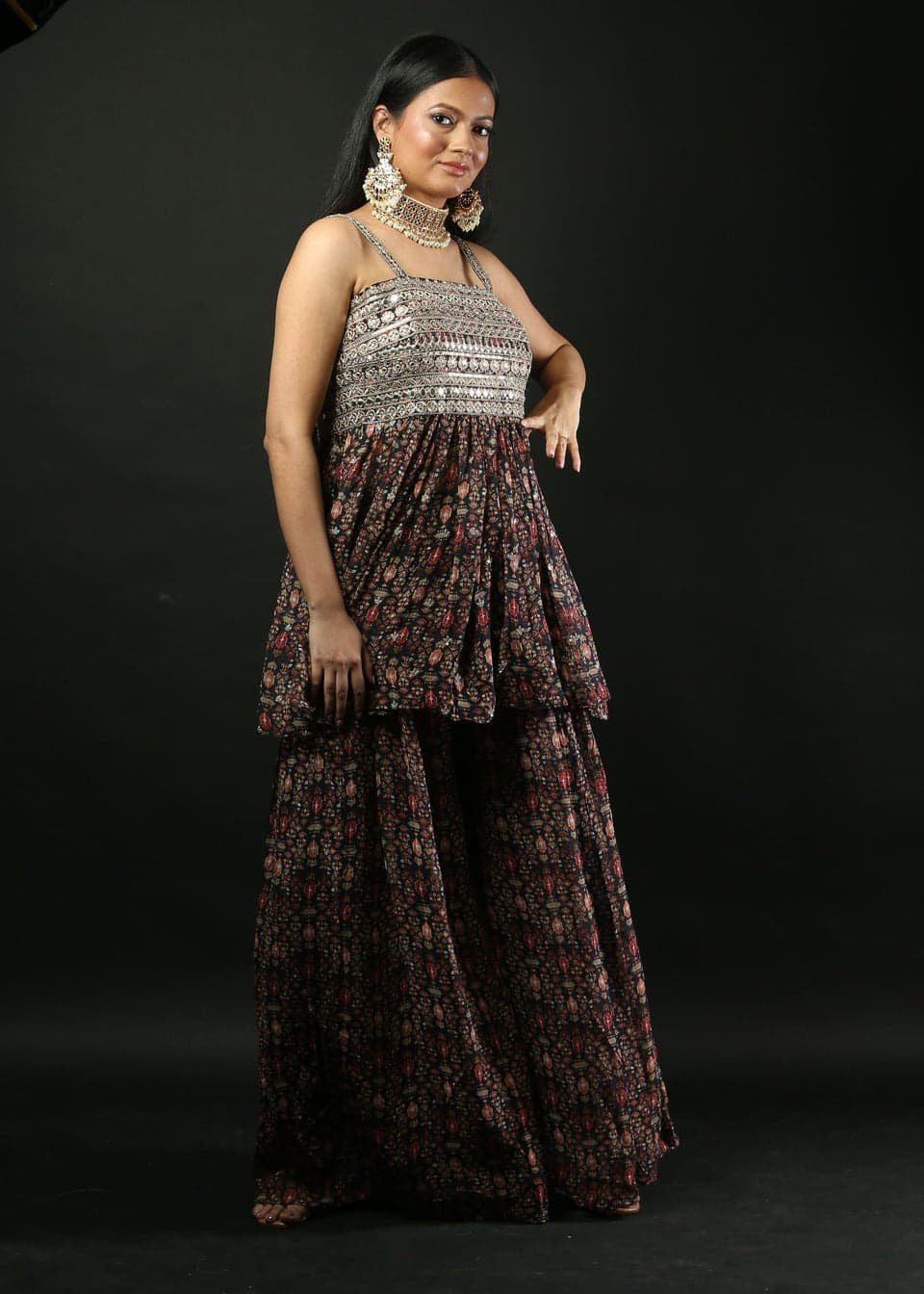 Printed Georgette Sharara Set with Peplum Top - Anvi Couture