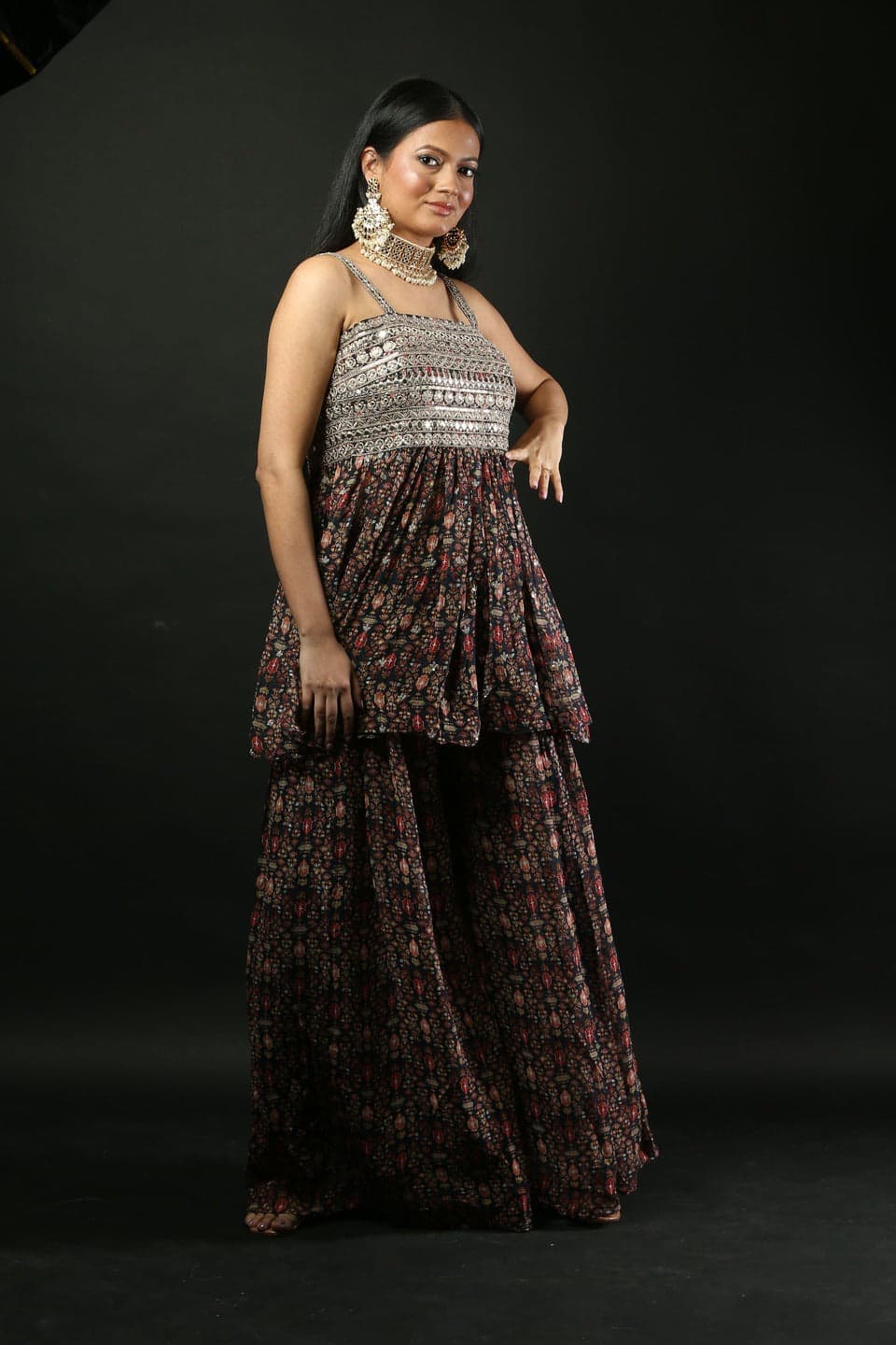 Printed Georgette Sharara Set with Peplum Top - Anvi Couture