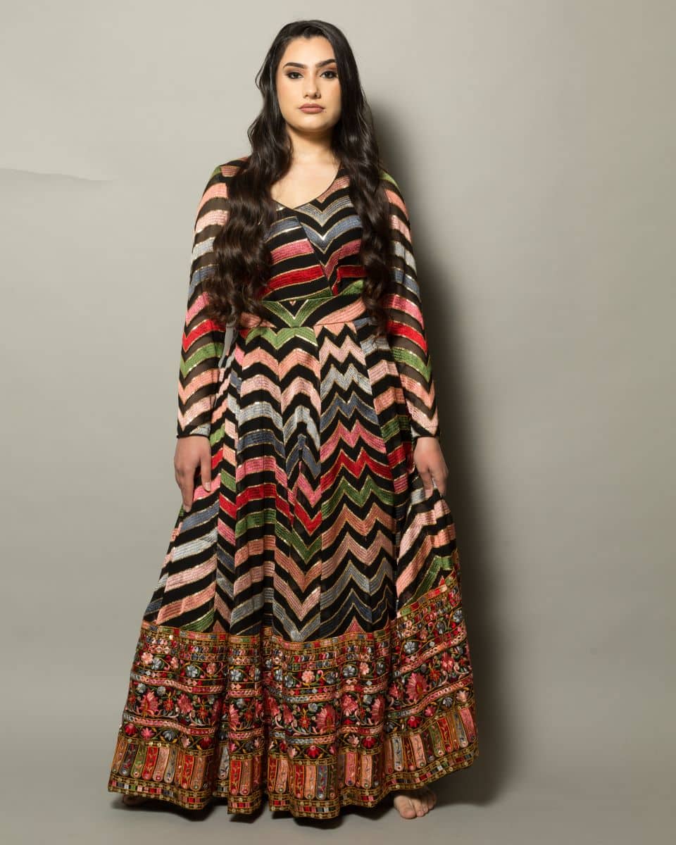 Georgette Multi-Color Designer Gown with Intricate Floral Embroidery - Anvi Couture