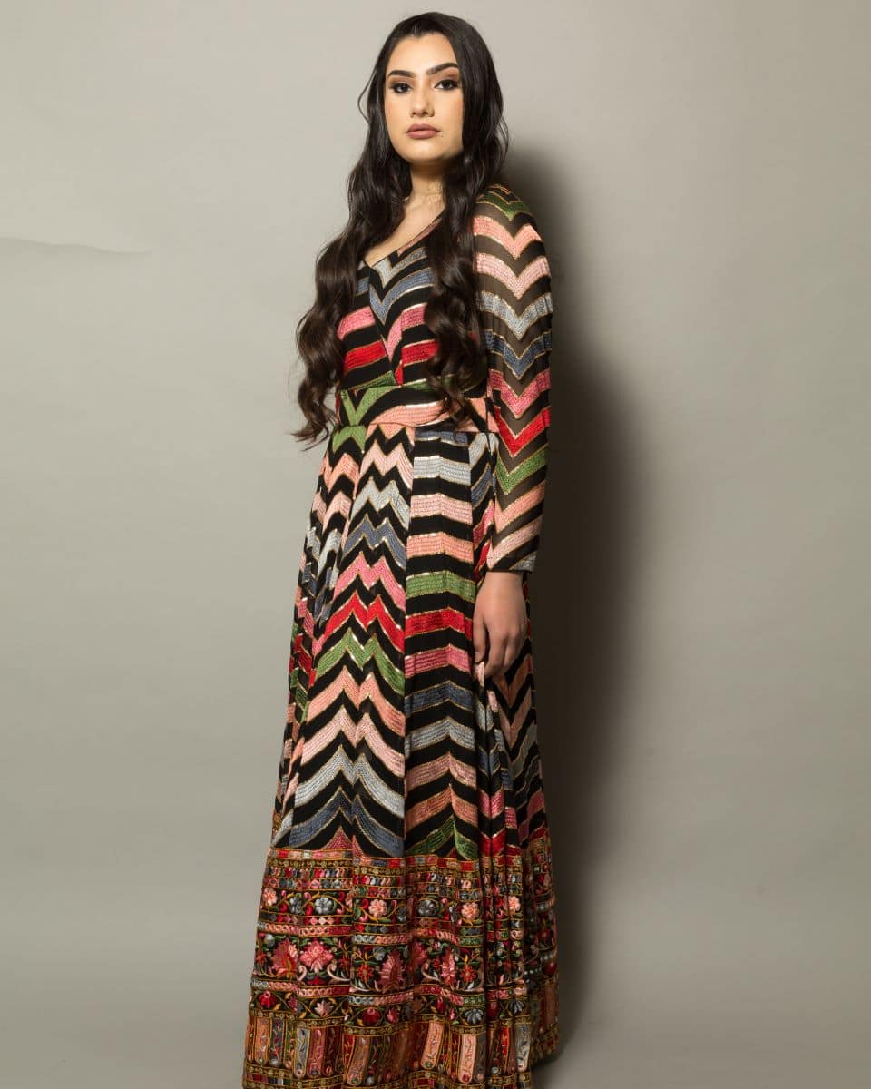 Georgette Multi-Color Designer Gown with Intricate Floral Embroidery - Anvi Couture