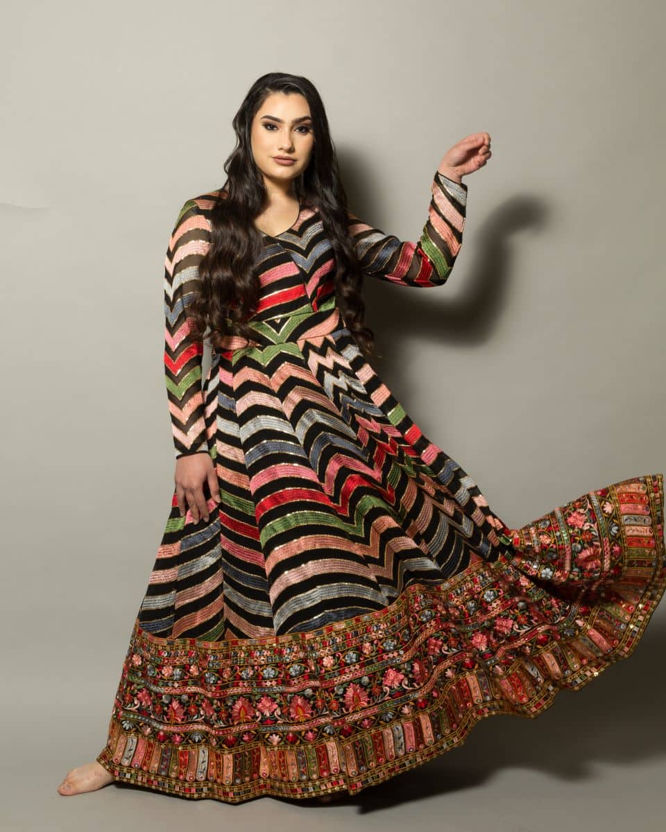 Georgette Multi-Color Designer Gown with Intricate Floral Embroidery - Anvi Couture