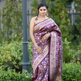 Purple Silk Saree with Floral Motifs Embroidery -Anvi Couture