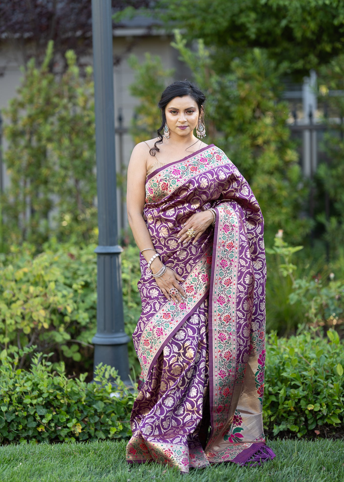 Purple Silk Saree with Floral Motifs Embroidery -Anvi Couture