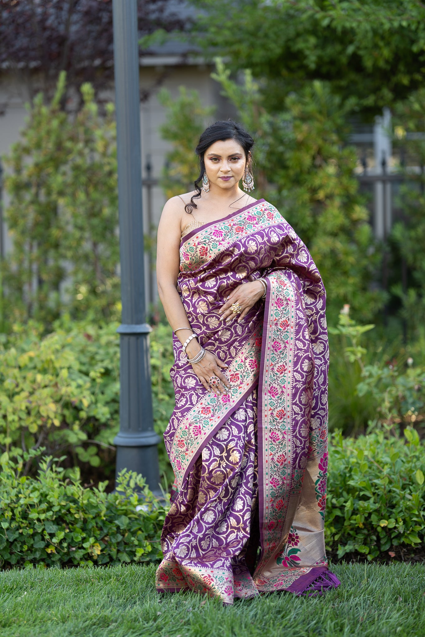 Purple Silk Saree with Floral Motifs Embroidery -Anvi Couture