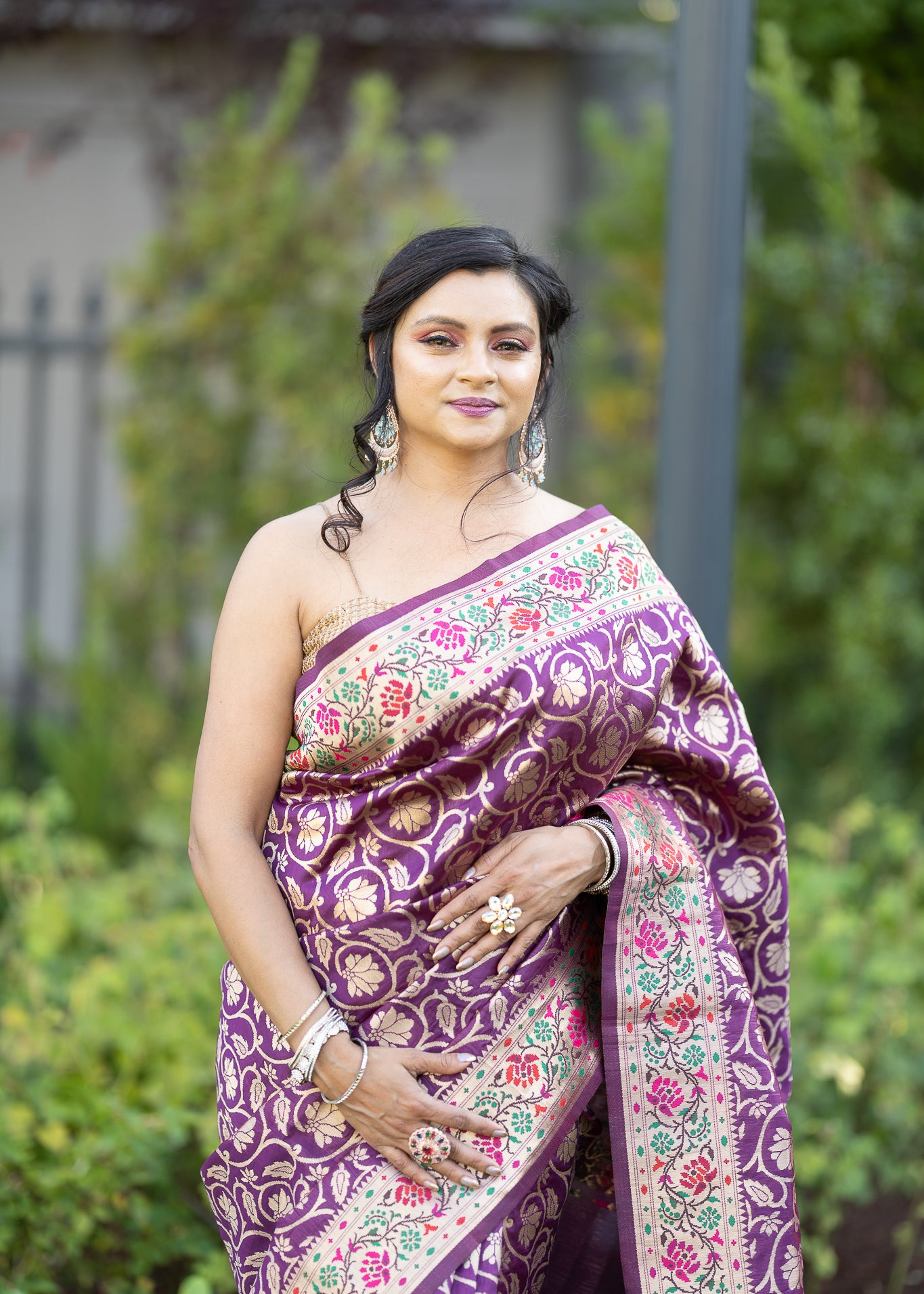 Purple Silk Saree with Floral Motifs -Anvi Couture