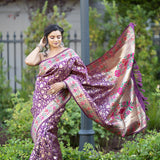 Purple Silk Saree with Floral Motifs Embroidery - Anvi Couture