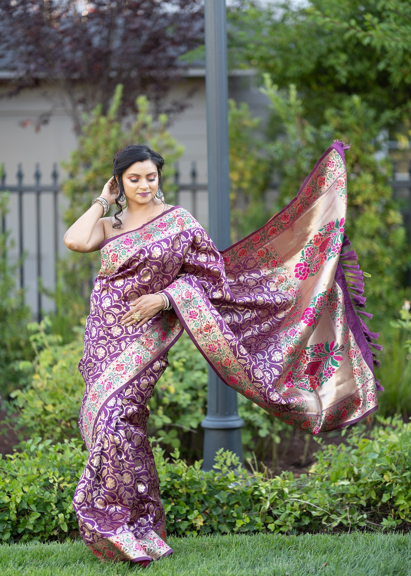 Purple Silk Saree with Floral Motifs Embroidery - Anvi Couture