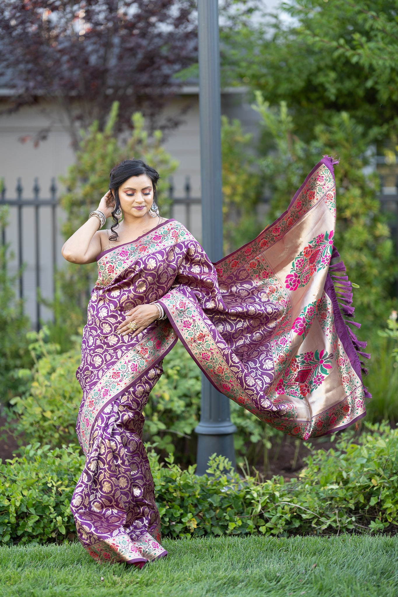 Purple Silk Saree with Floral Motifs Embroidery - Anvi Couture