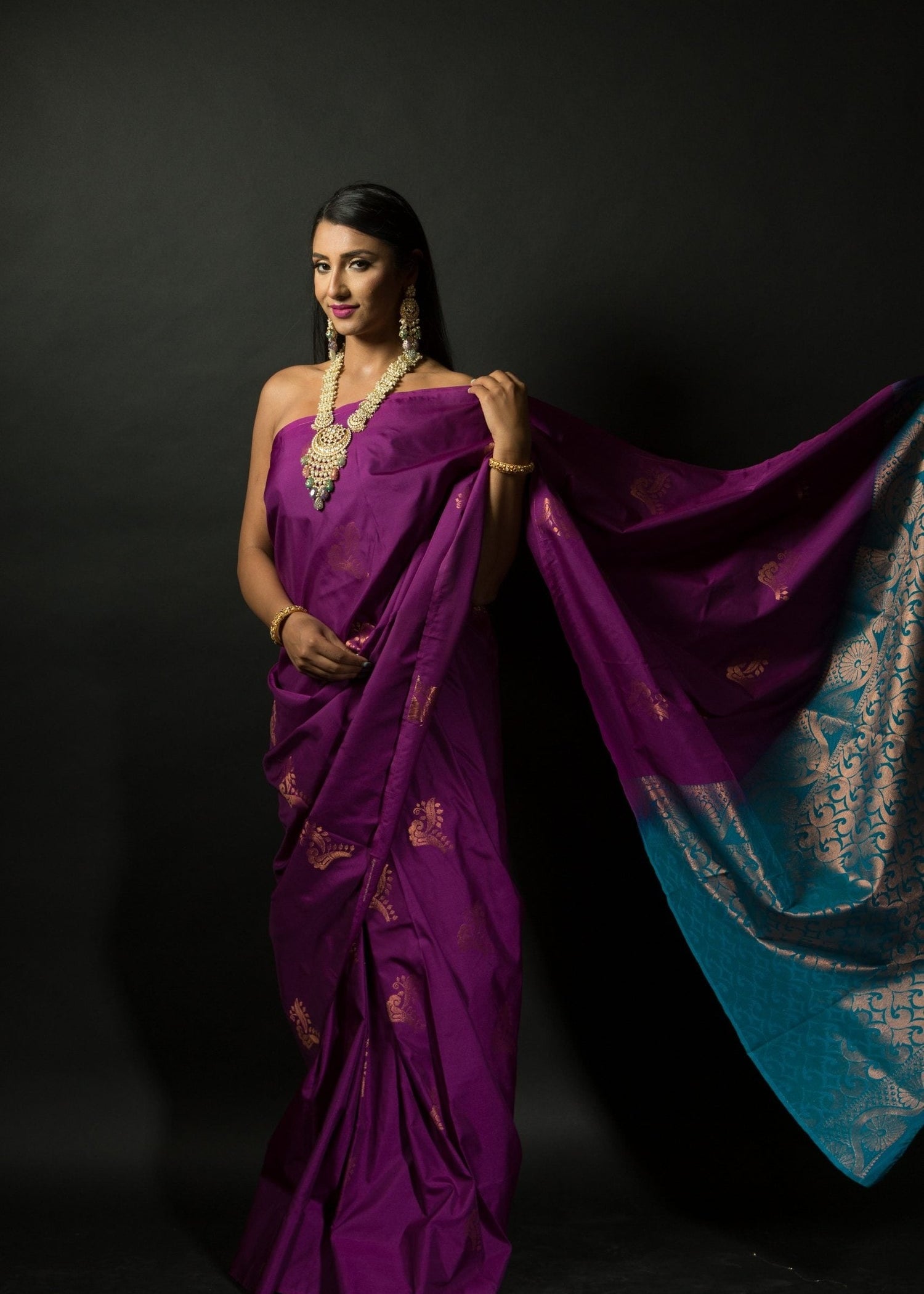 Purple and Azure Blue Pure Kanjivaram Silk Saree -Side
