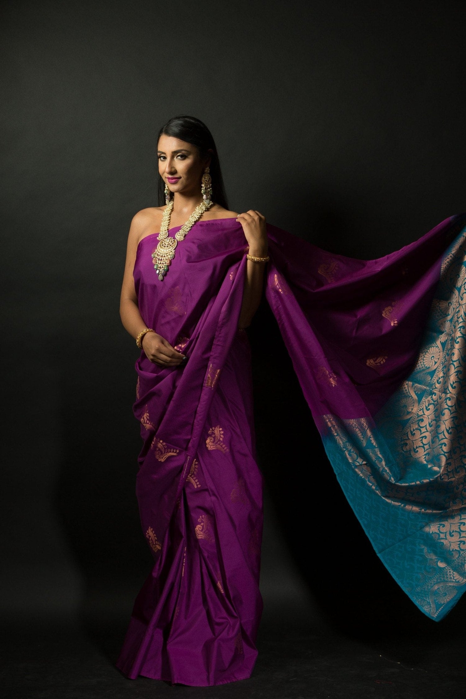 Purple and Azure Blue Pure Kanjivaram Silk Saree -Side
