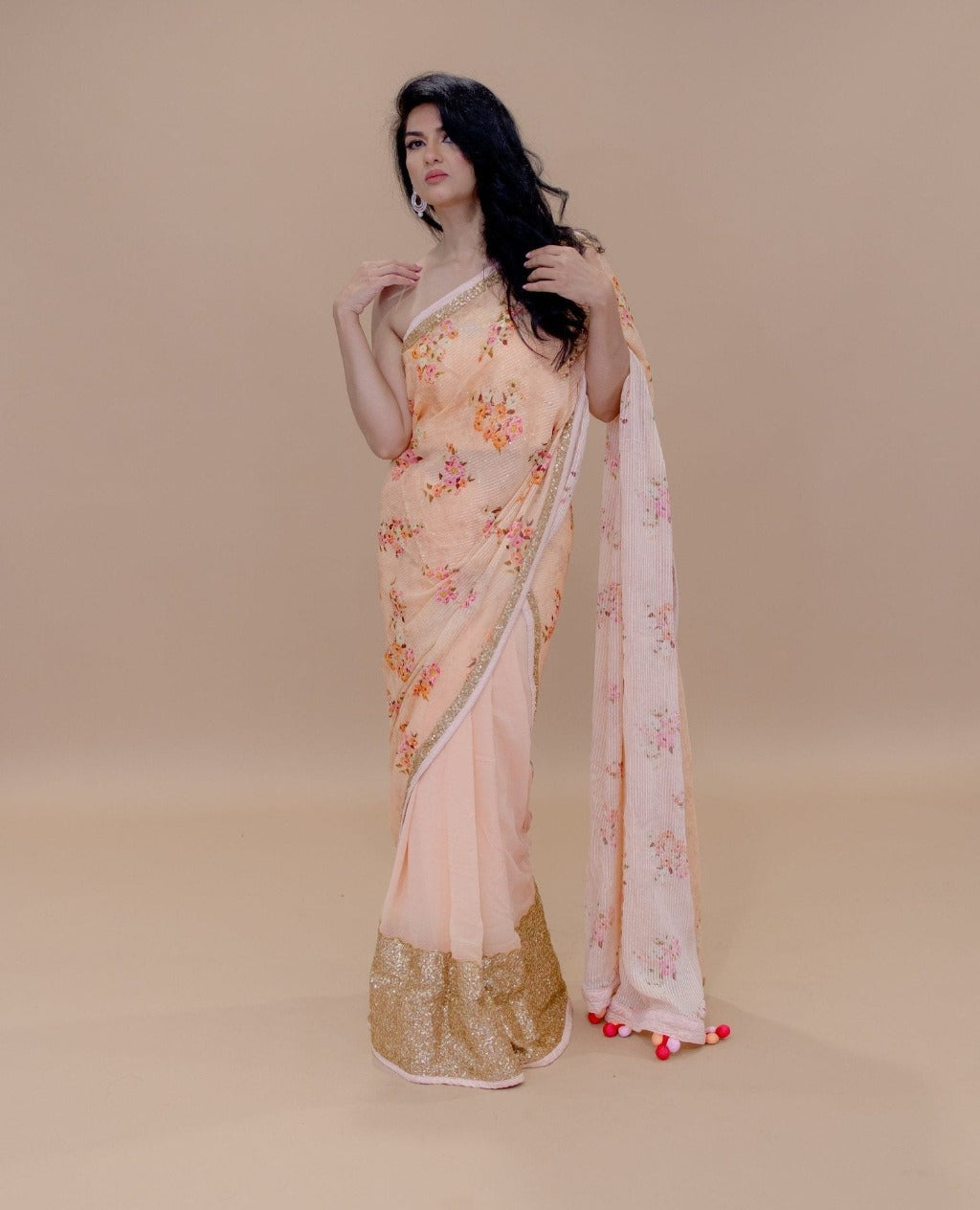 Peach and Pink Designer Saree with intricate Sequin Border