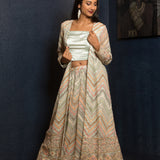 Multi Color Designer Long Jacket Lehenga Set in Georgette