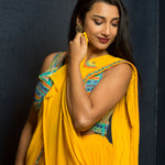 Yellow Designer Pre - Drape Saree with Embroidered Blouse - Anvi Couture