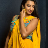Yellow Designer Pre - Drape Saree with Embroidered Blouse - Anvi Couture