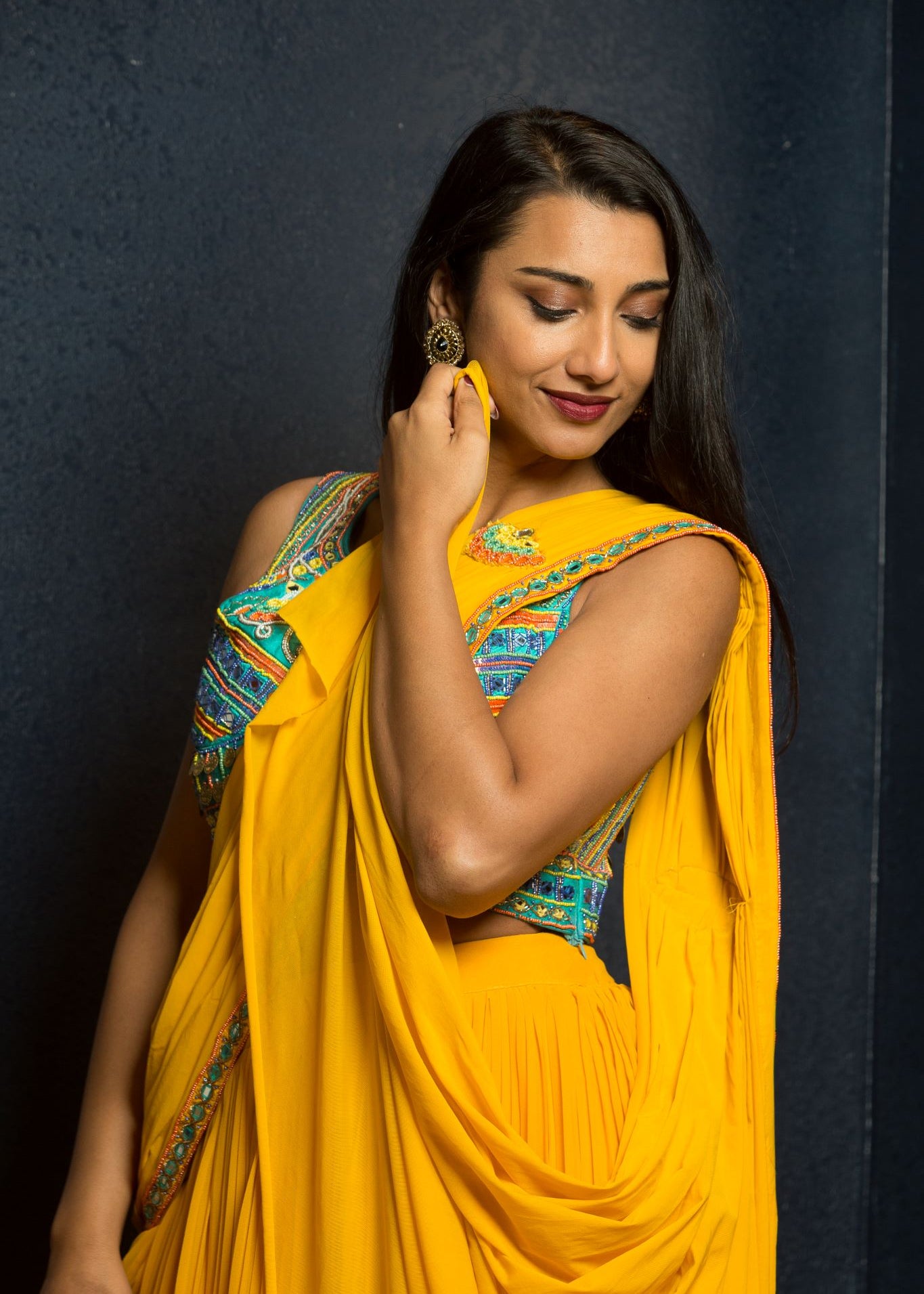 Yellow Designer Pre - Drape Saree with Embroidered Blouse - Anvi Couture