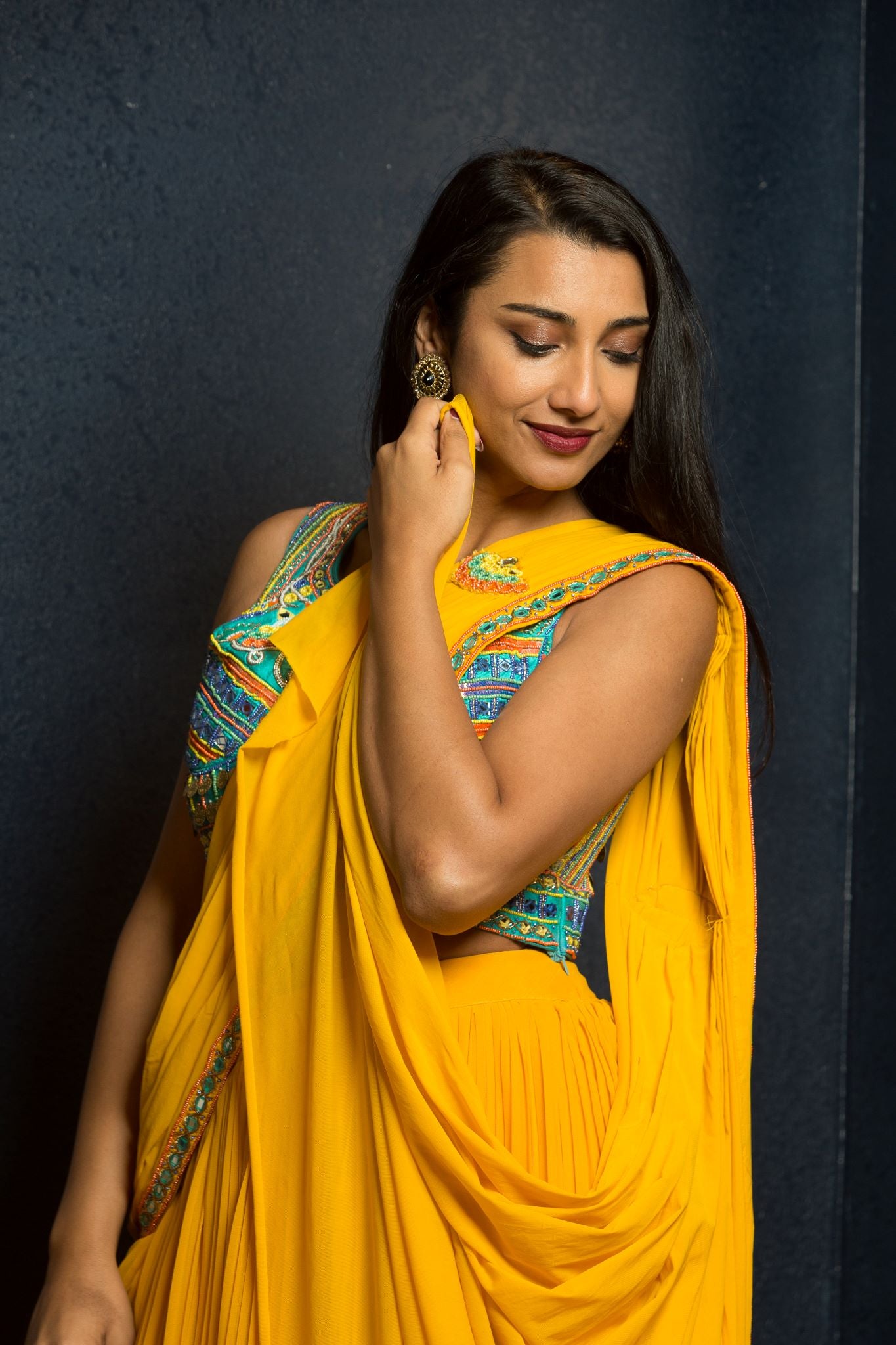 Yellow Designer Pre - Drape Saree with Embroidered Blouse - Anvi Couture