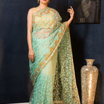 Sea Green Net Saree with Stonework and Embroidery -Anvi Couture