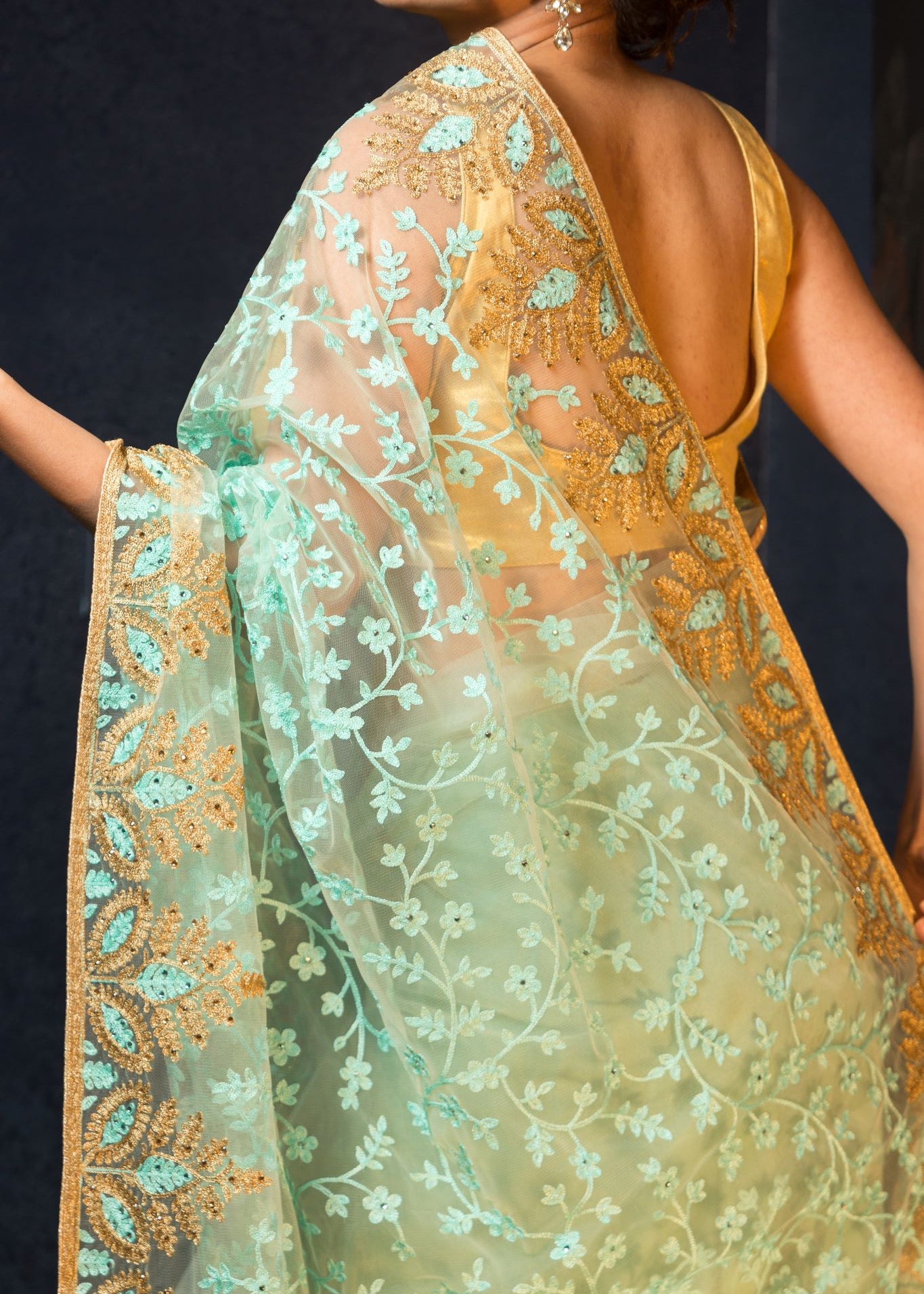 Sea Green Net Saree with Stonework and Embroidery-Anvi Couture