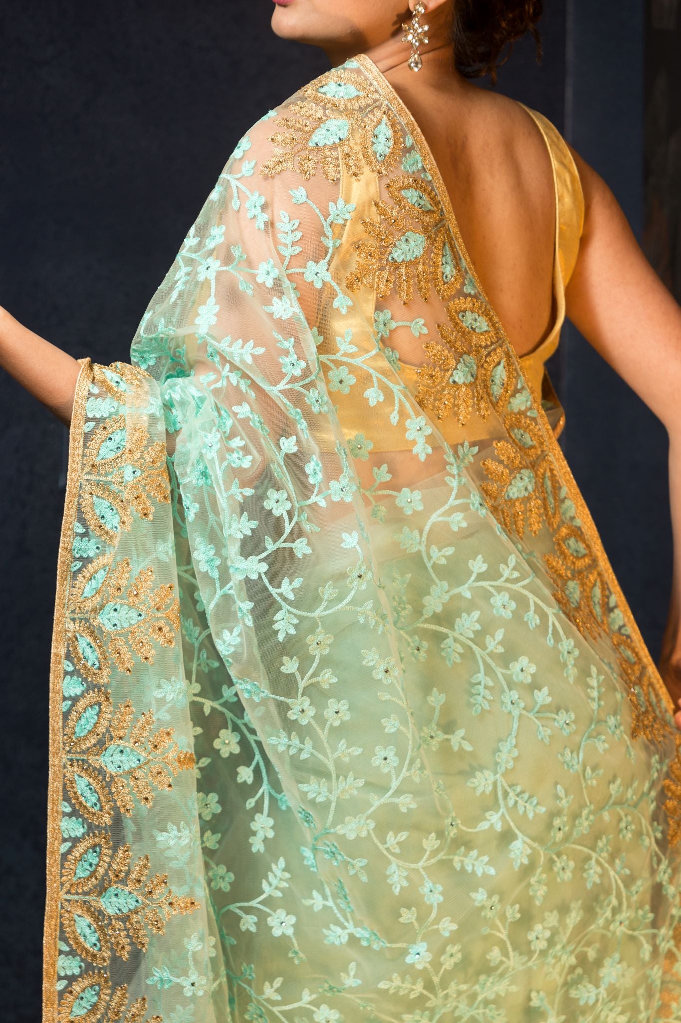 Sea Green Net Saree with Stonework and Embroidery-Anvi Couture