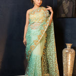 Sea Green Net Saree with Stonework and Embroidery- Anvi Couture