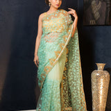 Sea Green Net Saree with Stonework and Embroidery- Anvi Couture