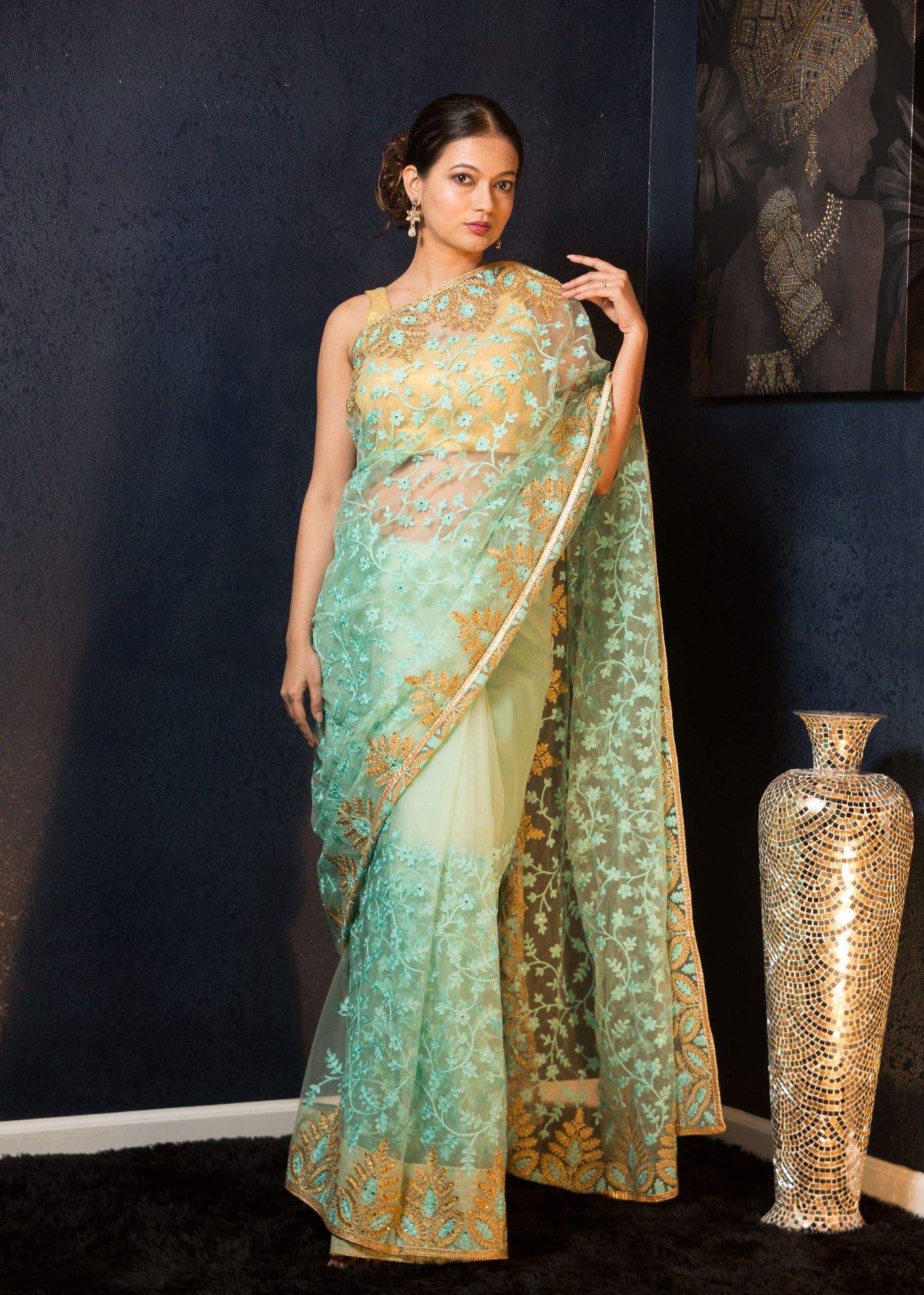 Sea Green Net Saree with Stonework and Embroidery- Anvi Couture