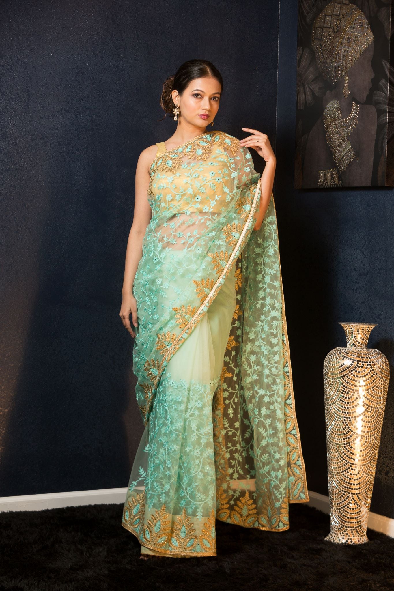Sea Green Net Saree with Stonework and Embroidery- Anvi Couture