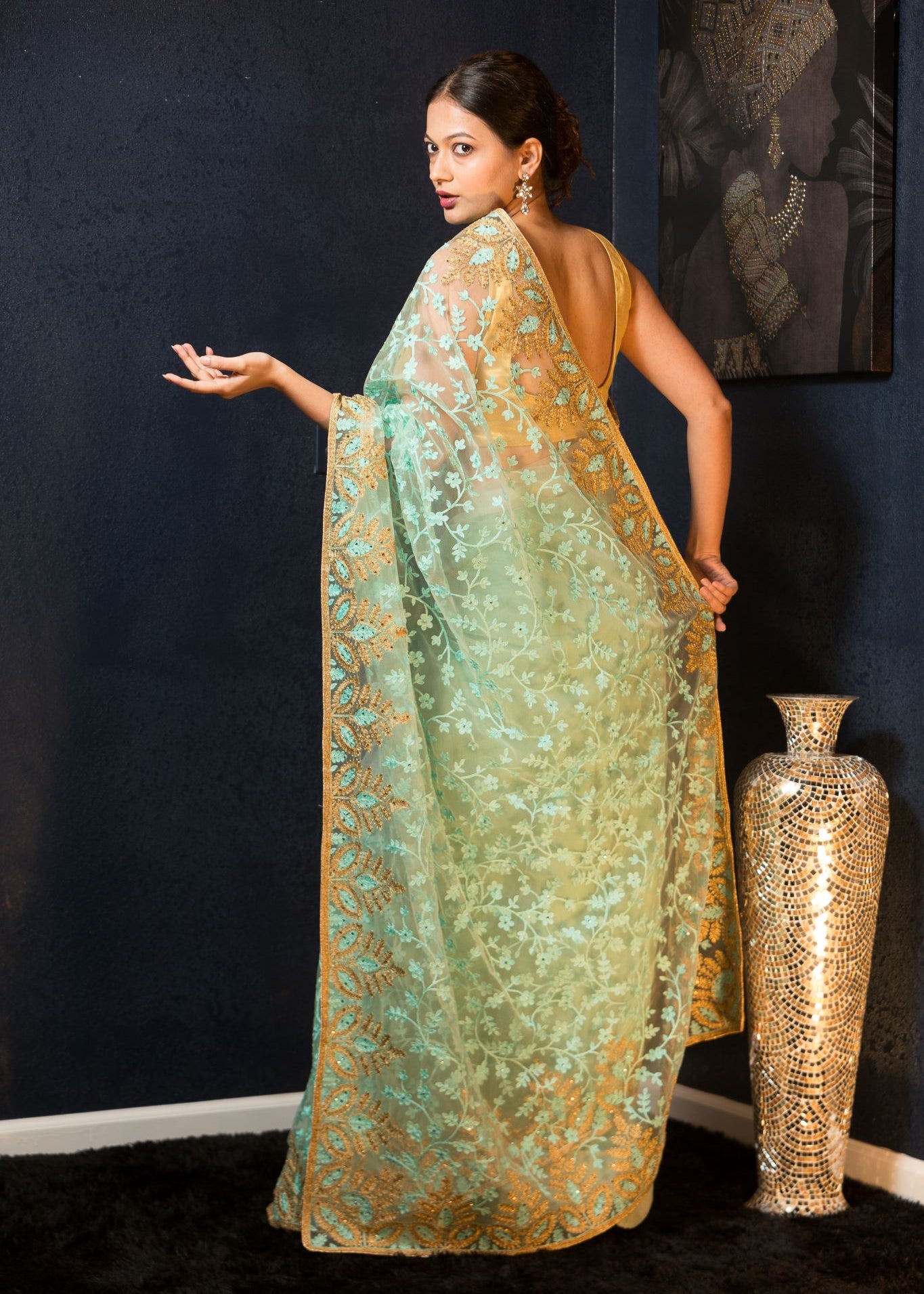 Sea Green Net Saree with Stonework and Embroidery- Anvi Couture