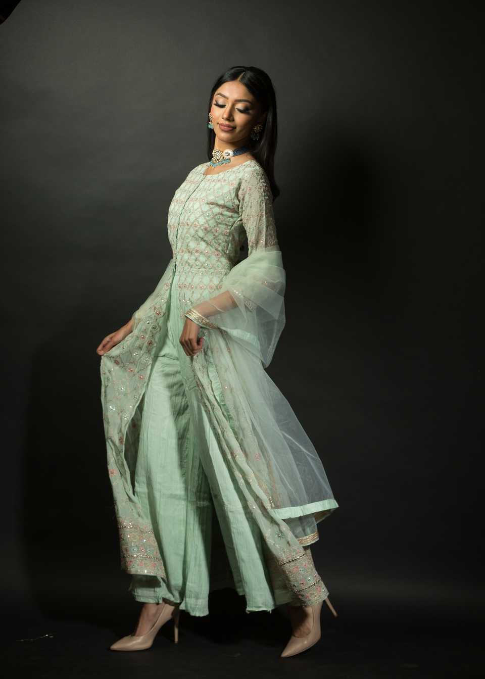 Sea Green Embroidered Kurti with Long Straight Pants - Anvi Couture
