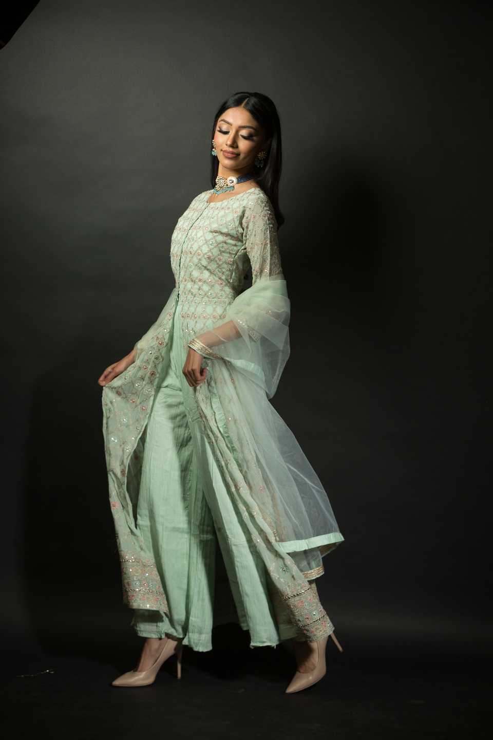 Sea Green Embroidered Kurti with Long Straight Pants - Anvi Couture