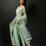 Sea Green Embroidered Kurti with Long Straight Pants - Anvi Couture