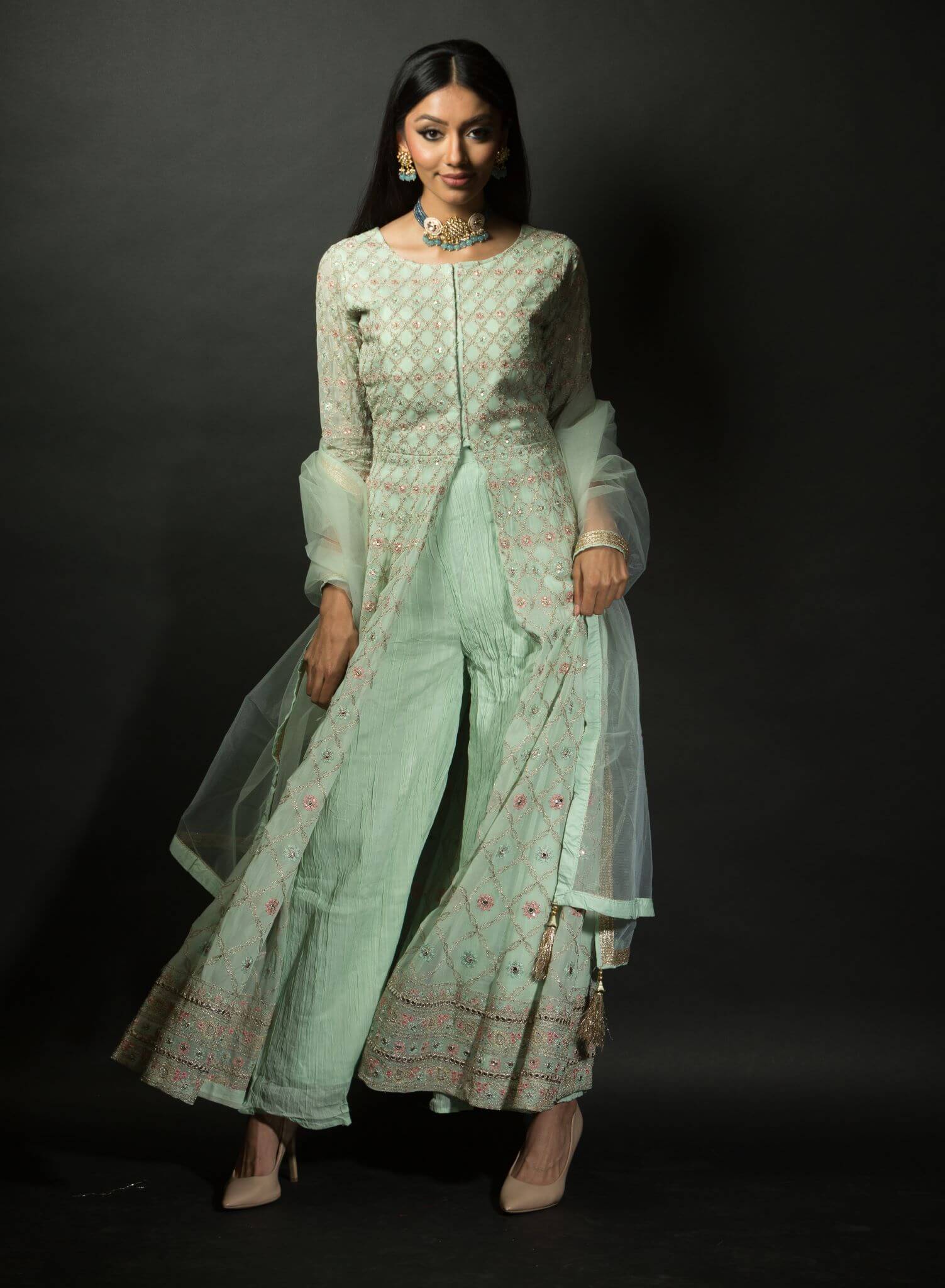 Sea Green Embroidered Kurti with Long Straight Pants - Anvi Couture