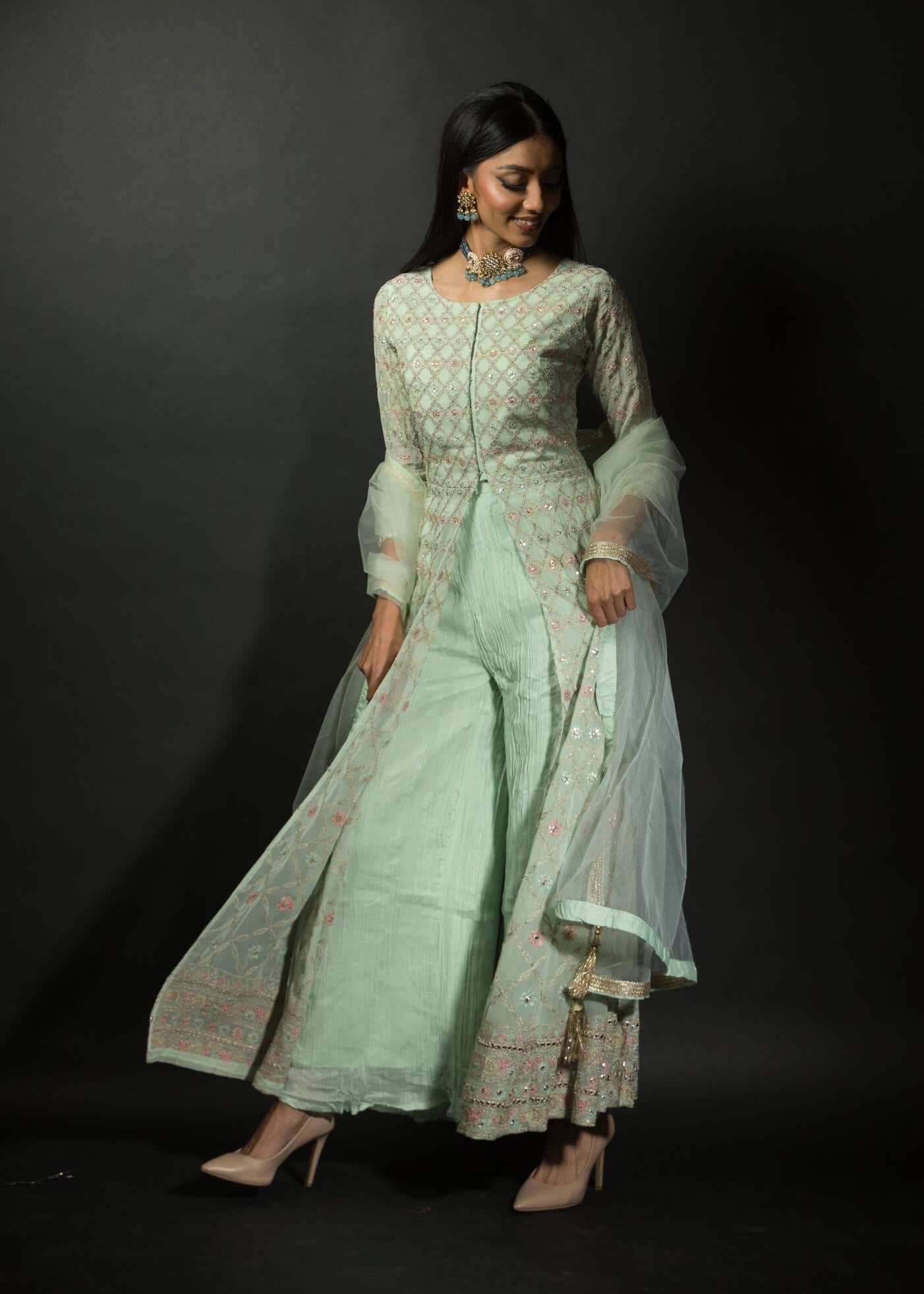 Sea Green Embroidered Kurti with Long Straight Pants - Anvi Couture