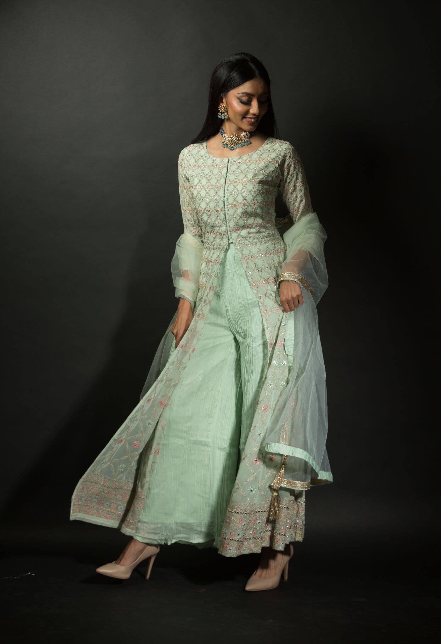 Sea Green Embroidered Kurti with Long Straight Pants - Anvi Couture