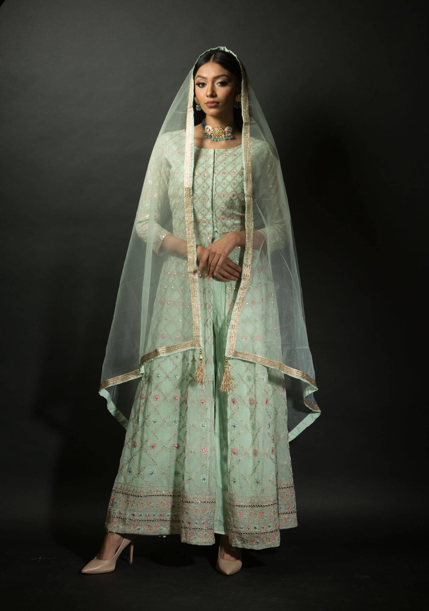 Sea Green Embroidered Kurti with Long Straight Pants - Anvi Couture