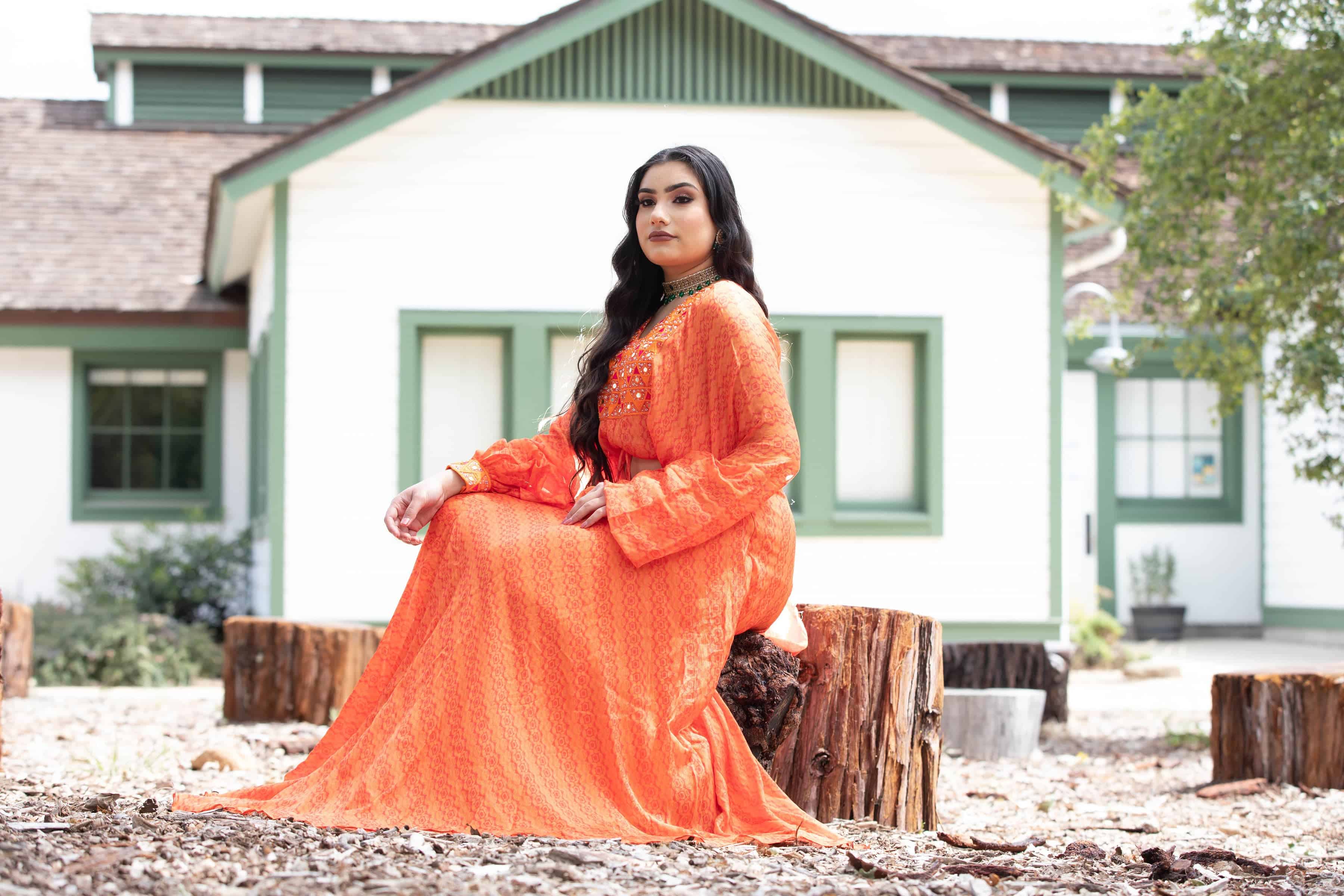 Sunrise Orange Drape Skirt with Embroidered Peplum Top - Anvi Couture