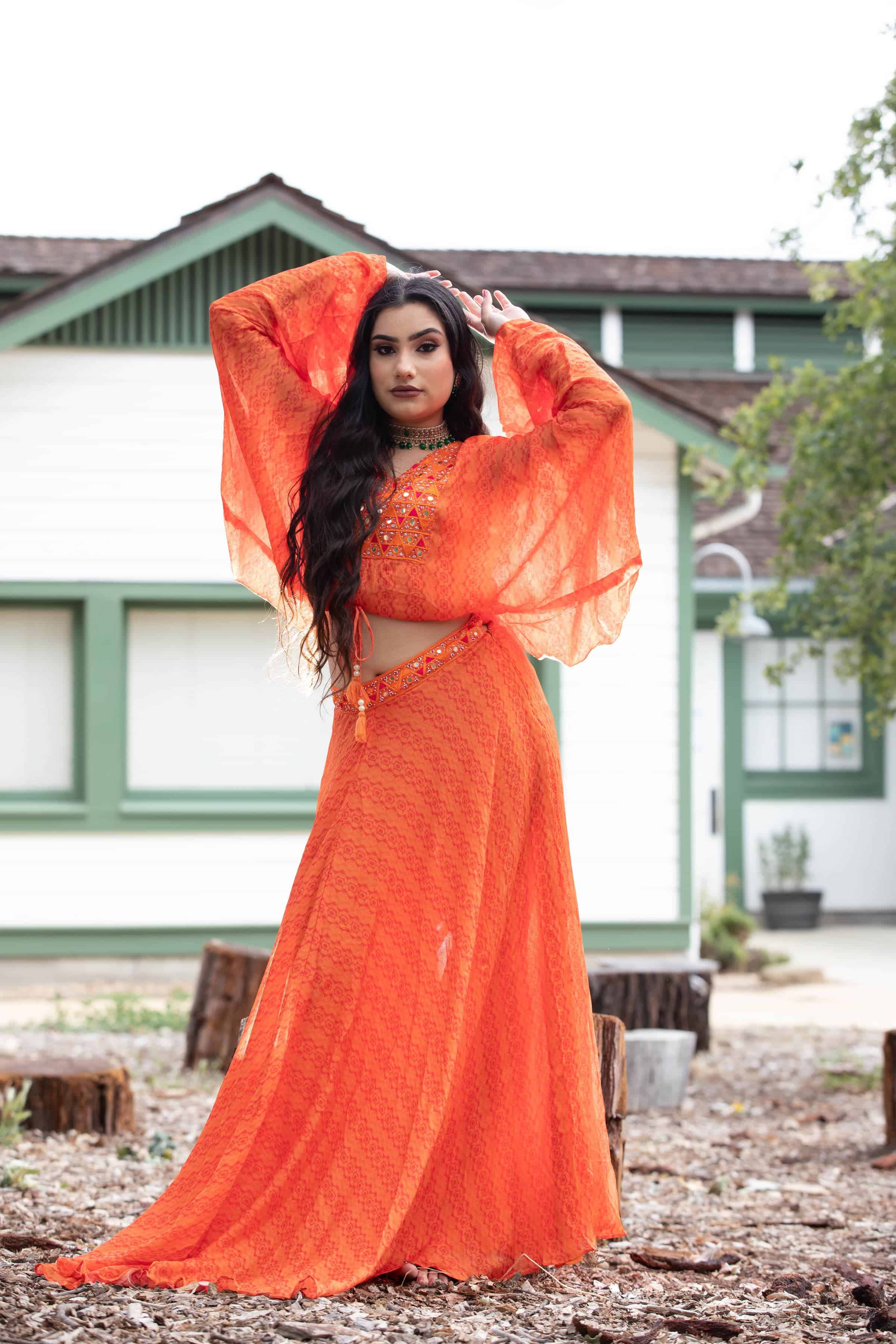 Sunrise Orange Drape Skirt with Embroidered Peplum Top - Anvi Couture