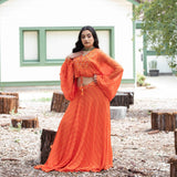 Sunrise Orange Drape Skirt with Embroidered Peplum Top - Anvi Couture