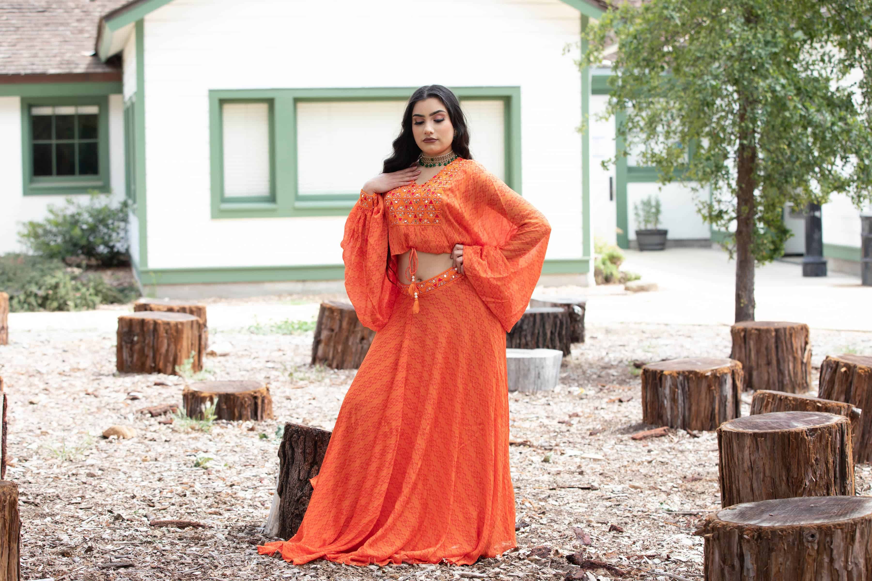 Sunrise Orange Drape Skirt with Embroidered Peplum Top - Anvi Couture