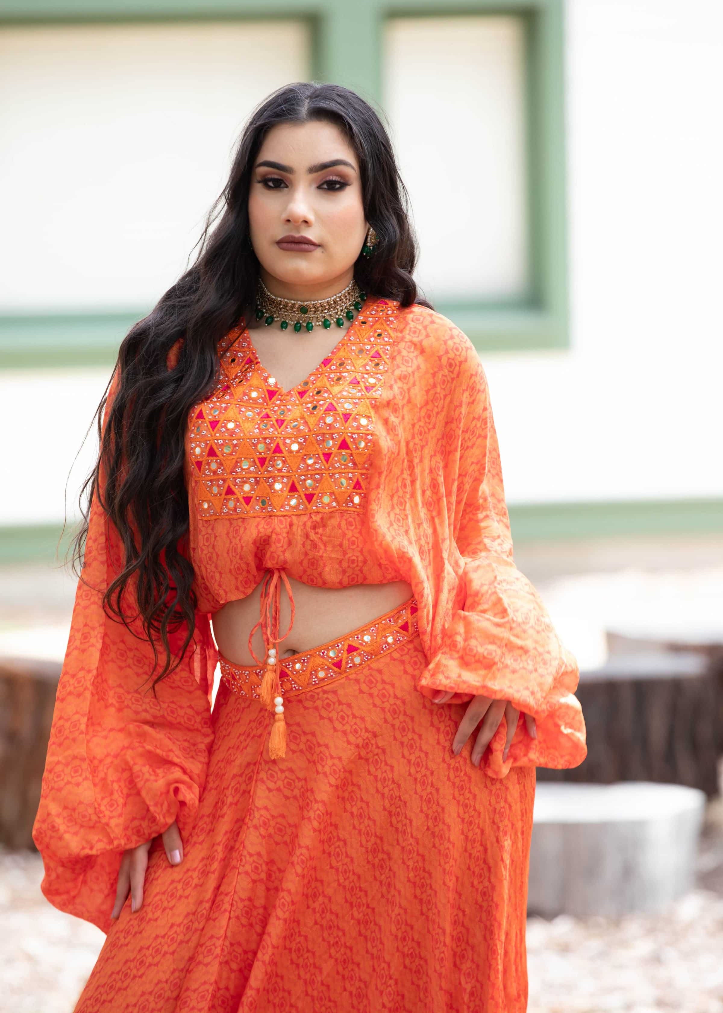 Sunrise Orange Drape Skirt with Embroidered Peplum Top - Anvi Couture