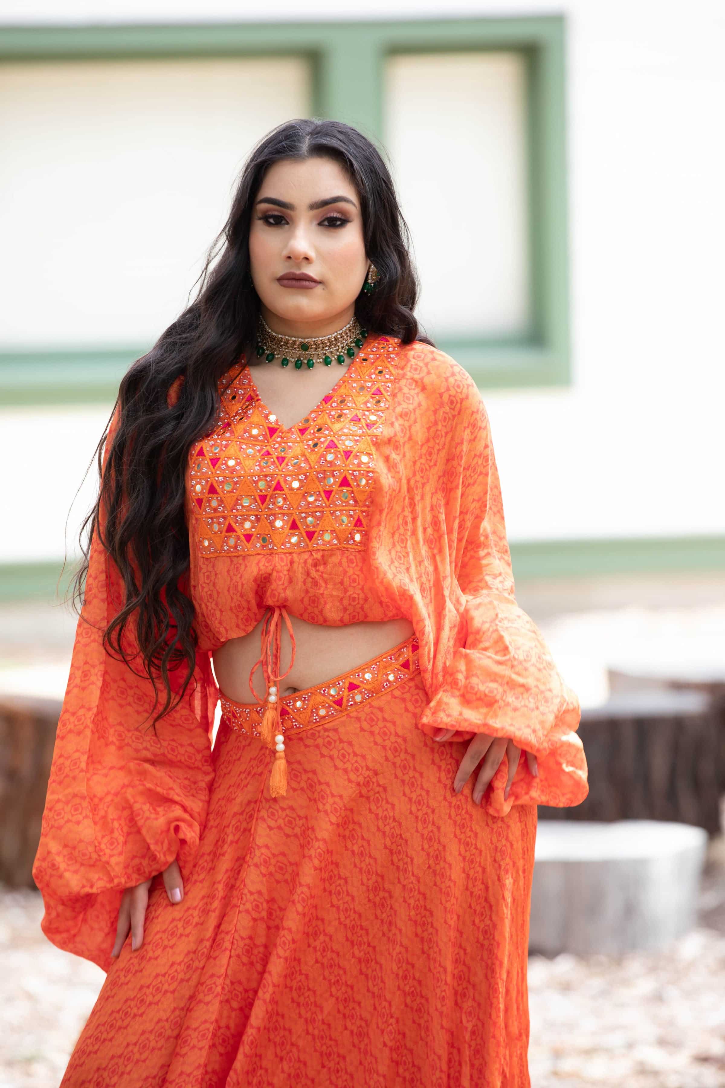 Sunrise Orange Drape Skirt with Embroidered Peplum Top - Anvi Couture