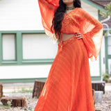 Sunrise Orange Drape Skirt with Embroidered Peplum Top - Anvi Couture