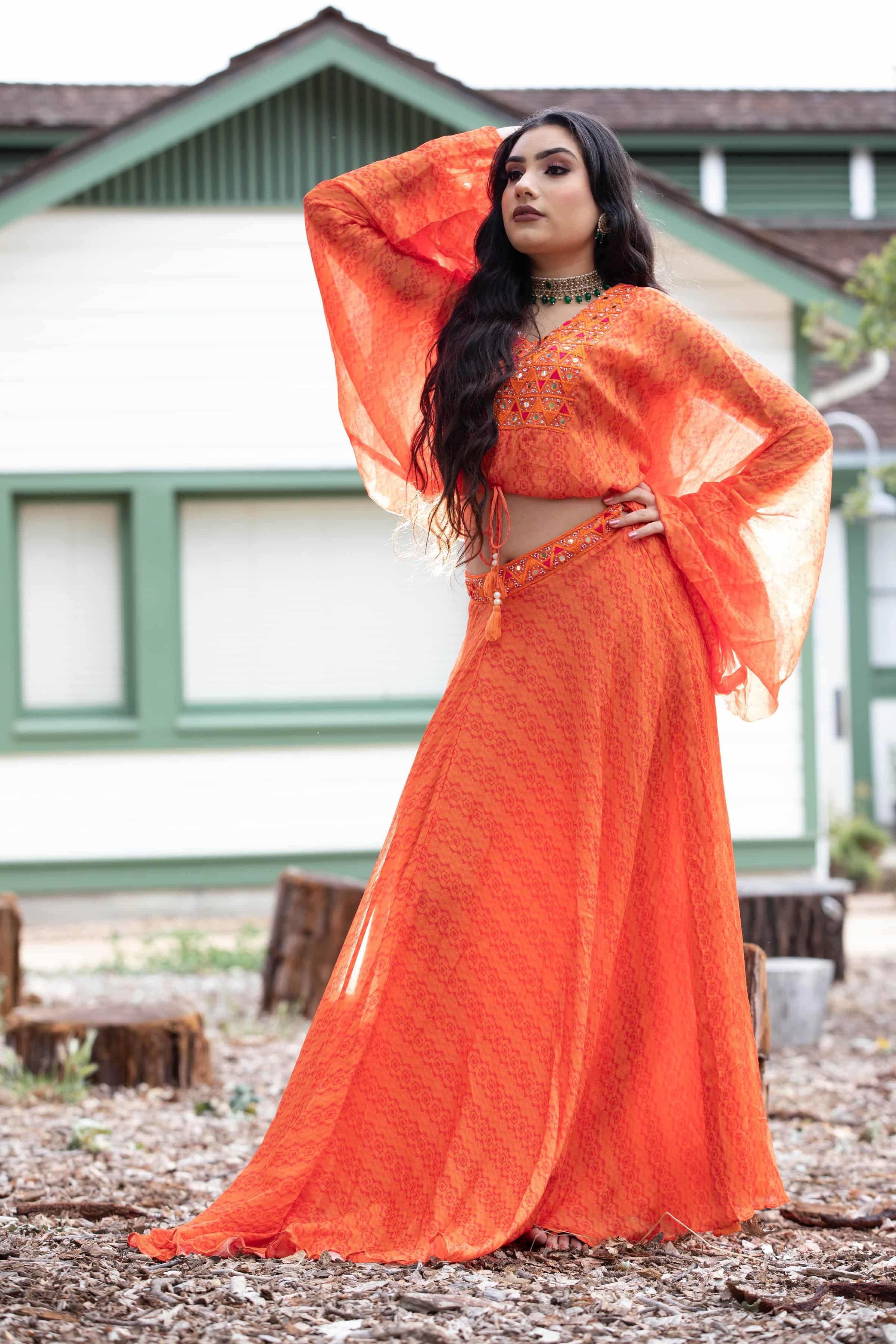 Sunrise Orange Drape Skirt with Embroidered Peplum Top - Anvi Couture