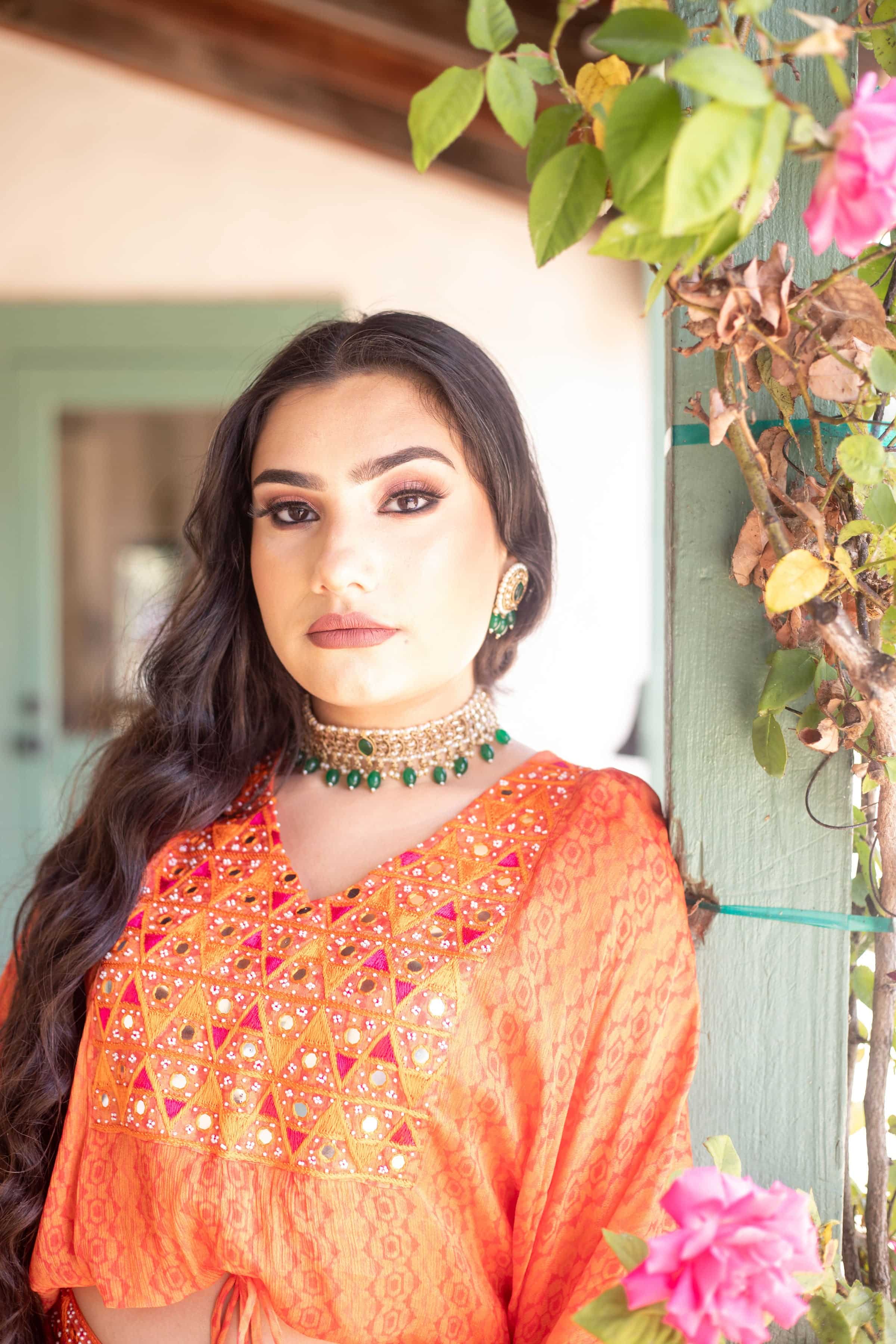 Sunrise Orange Drape Skirt with Embroidered Peplum Top - Anvi Couture