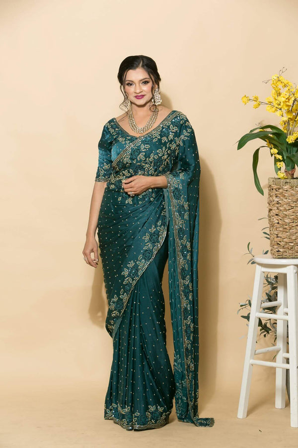 Teal Blue Crepe Saree with stonework and floral embroidery - Anvi Couture
