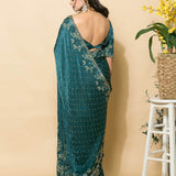 Teal Blue Crepe Saree with stonework and floral embroidery - Anvi Couture